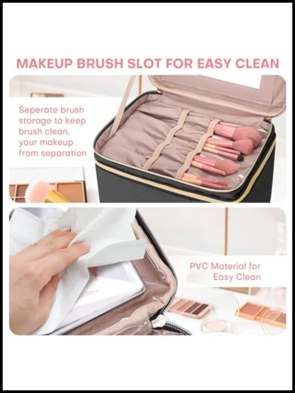 Large Travel Makeup Bag Organizer with Mirror, Double Layer Cosmetic Case,
